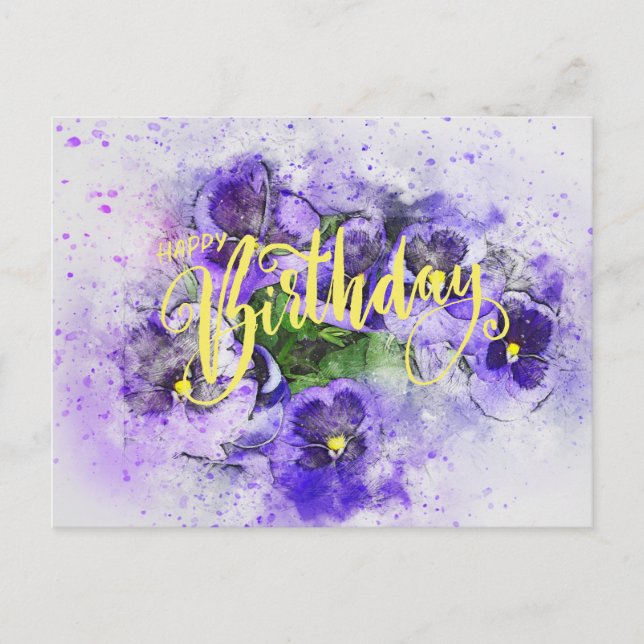 Happy Birthday Purple Watercolor Pansy Flowers  Postcard (Front)