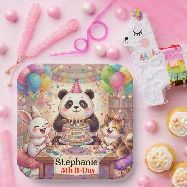 Happy Birthday Rabbit Panda Cat Cute Animals Paper Plate (Party)