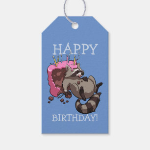 Happy Birthday! Racoon Eating Chocolate Cake Gift Tags