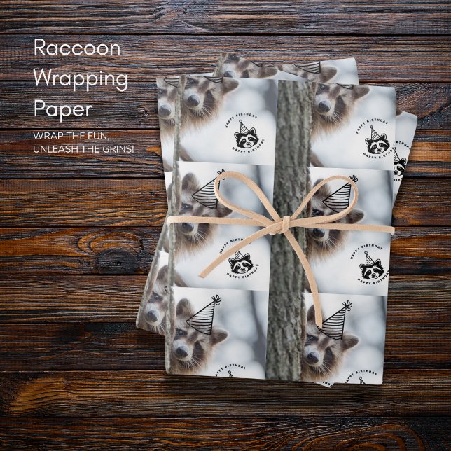 Happy Birthday Racoon Wrapping Paper Sheets🦝🎁  (Birthday Mischief: Adorable Raccoon Celebration Wrapping Paper Sheets)