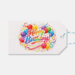 Happy Birthday Rainbow Balloons Confetti Gift Tags