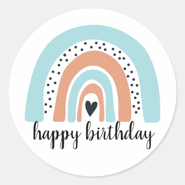 Happy Birthday Rainbow Blue Peach Classic Round Sticker (Front)