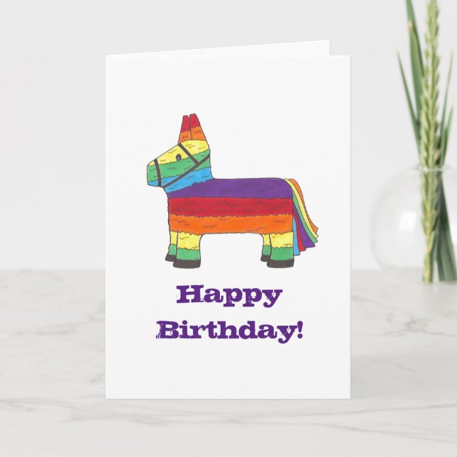 Happy Birthday Rainbow Donkey Pinata Fiesta Party Card (Front)