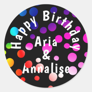 Happy Birthday Rainbow Dots on Black Classic Round Sticker