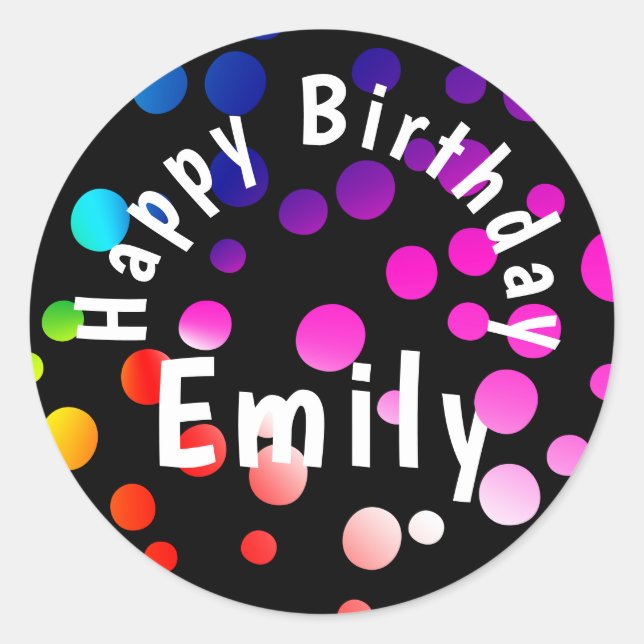 Happy Birthday Rainbow Dots with Name Classic Round Sticker (Front)