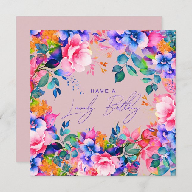 Happy Birthday Rainbow Garden Floral Blush Card (Front/Back)