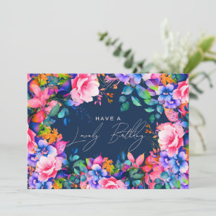 Happy Birthday Rainbow Garden Floral Navy  Card