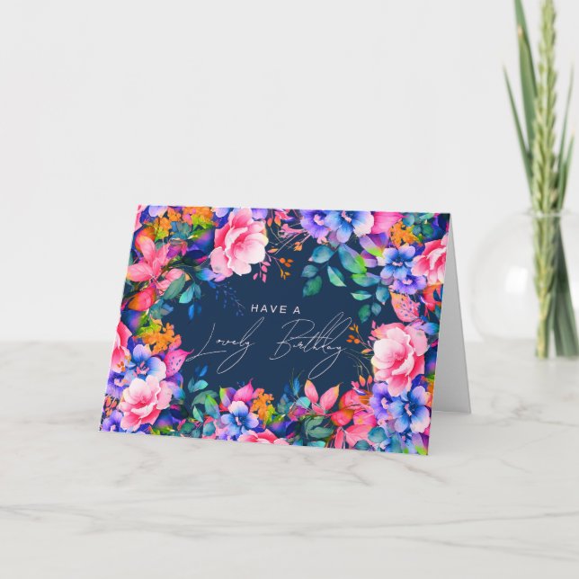 Happy Birthday Rainbow Garden Floral Navy  Card (Front)