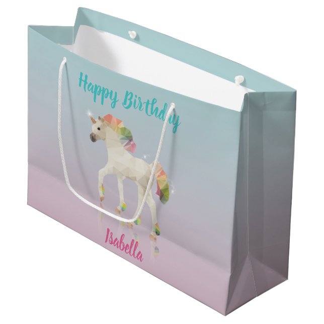 Happy Birthday Rainbow Unicorn Name Large Gift Bag (Front Angled)
