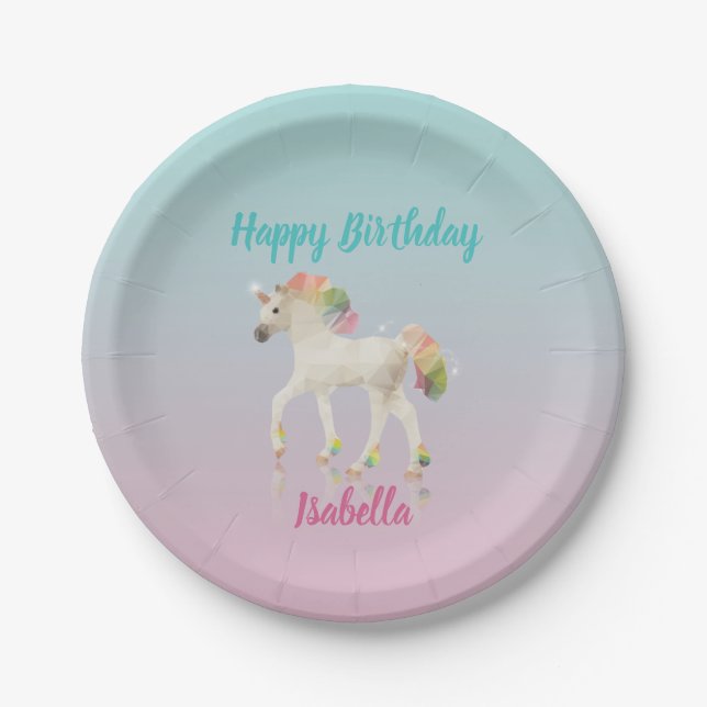 Happy Birthday Rainbow Unicorn Name Paper Plate (Front)