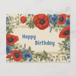 Happy Birthday Red and Blue Poppy Flowers Postcard
