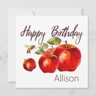 Happy Birthday Red Apple Watercolor  Card