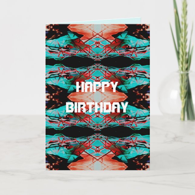 Happy Birthday Red Aqua Black Stained Glass Look Card (Front)
