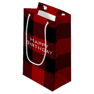 Happy Birthday red black buffalo plaid Small Gift Bag