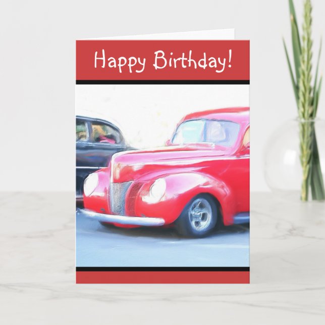 Happy Birthday Red Classic car greeting card (Front)