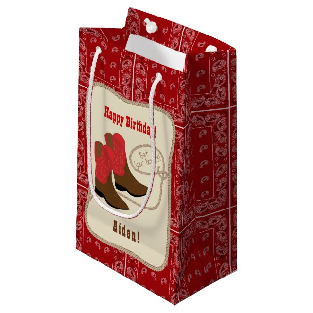 Happy Birthday Red Cowboy Boots & Bandanna Small Gift Bag (Front Angled)