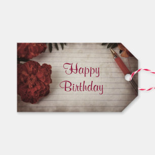 Happy Birthday Red Floral with Pen and Paper Gift Tags