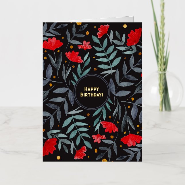Happy Birthday red flowers magical garden Foil Holiday Card (Front)