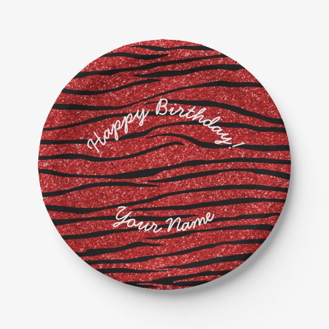 Happy Birthday red glitter zebra stripes Paper Plate (Front)