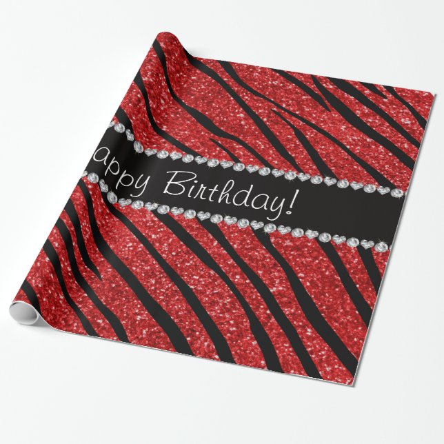 Happy birthday red glitter zebra stripes wrapping paper (Unrolled)