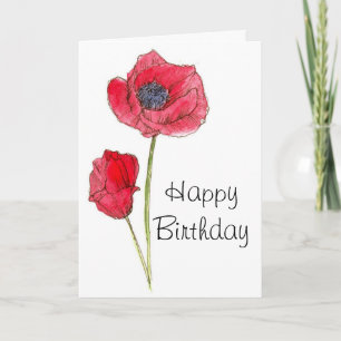 Happy Birthday Red Poppy Flower Botanical Art Card