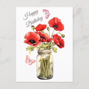 Happy Birthday Red Poppy Flowers Postcard