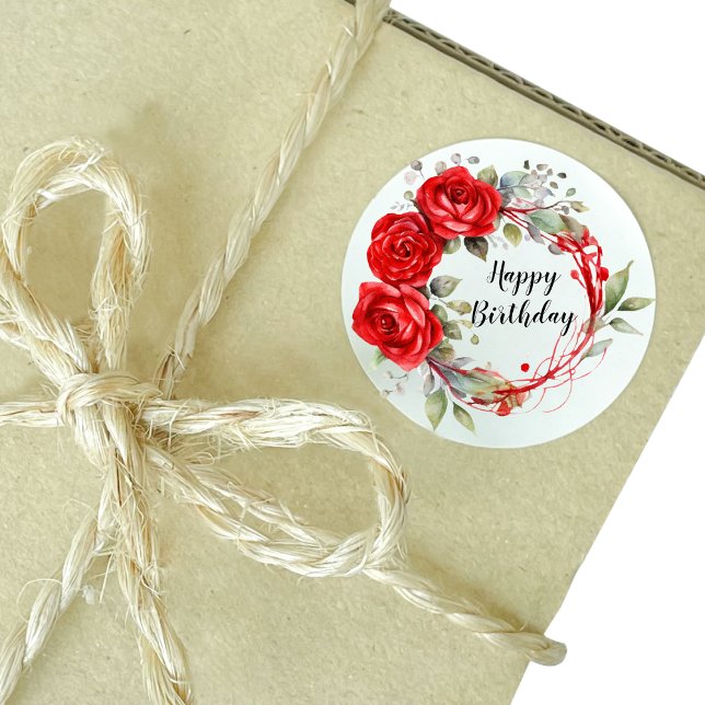 Happy Birthday Red Roses Round Sticker (Happy Birthday Red Roses Round Sticker)