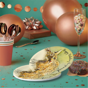 Happy Birthday Red Tabby Cat Whiskers Watercolor Paper Plate