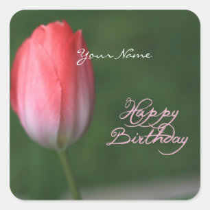 happy birthday red tulip flower square sticker