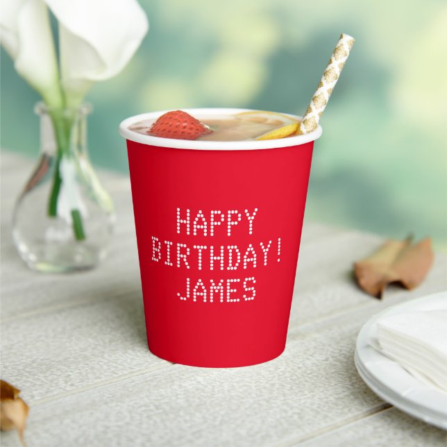 Happy Birthday red white custom name modern cute Paper Cups (Insitu)