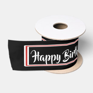 Happy Birthday Red White Script Satin Ribbon