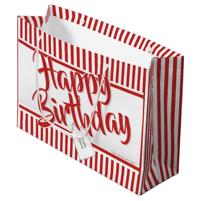 Happy Birthday Red/White Simple Stripes Pattern Large Gift Bag (Front Angled)