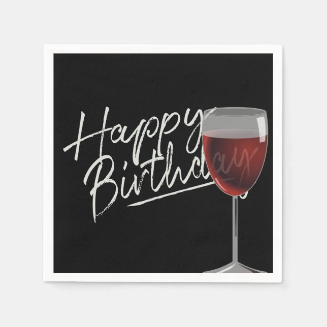 Happy Birthday Red Wine On Black Napkin (Front)