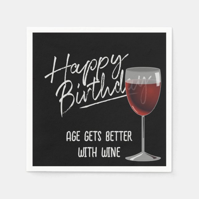 Happy Birthday Red Wine On Black Napkin (Front)