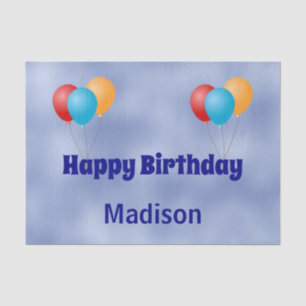 Happy Birthday Red Yellow & Blue Balloons & Name Tissue Paper