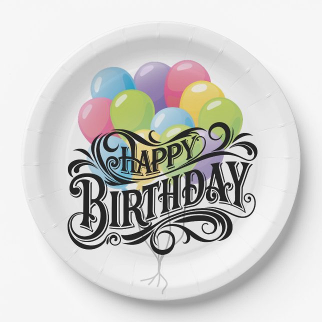 Happy Birthday Retro Card Balloons Paper Plate (Front)