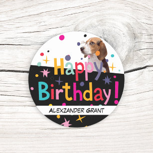 Happy Birthday Retro Customisable Beagle Classic Round Sticker