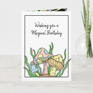 Happy Birthday Retro Mushrooms and Colouring page  Card