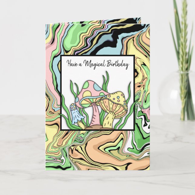 Happy Birthday Retro Mushrooms and Colouring page  Card (Front)