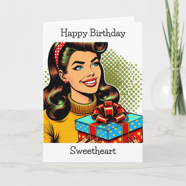 Happy Birthday | Retro Pop Art Woman Holding Gift Card (Front)