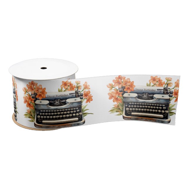 Happy Birthday Retro Typewriter Satin Ribbon (Spool)