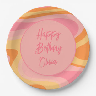 Happy Birthday Retro Vibe Abstract Swirl Funky Paper Plate