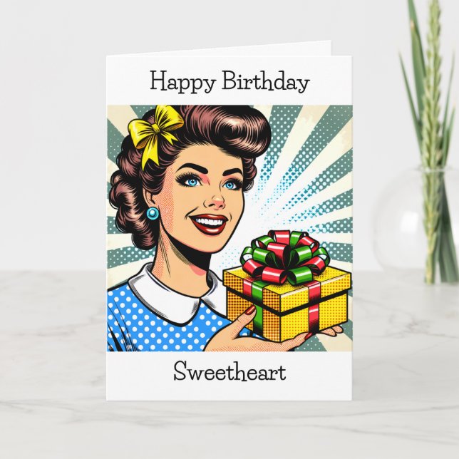 Happy Birthday | Retro Woman Holding Gift Card (Front)