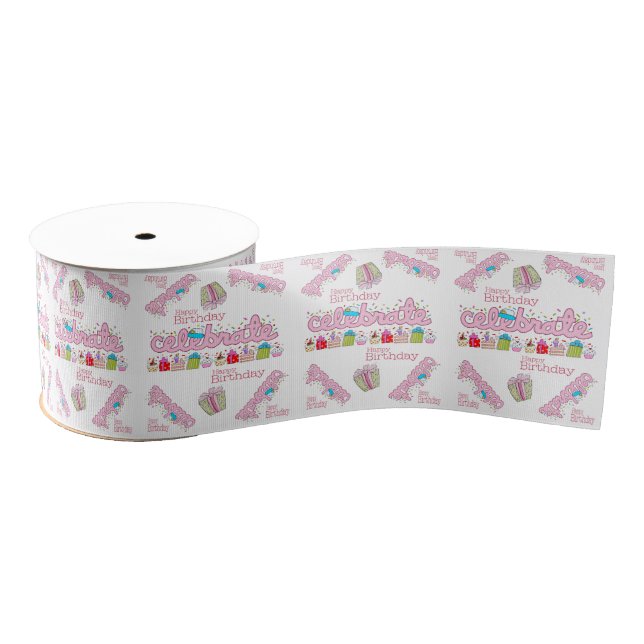Happy Birthday Ribbon, Celebrate Pink  Grosgrain Ribbon (Spool)