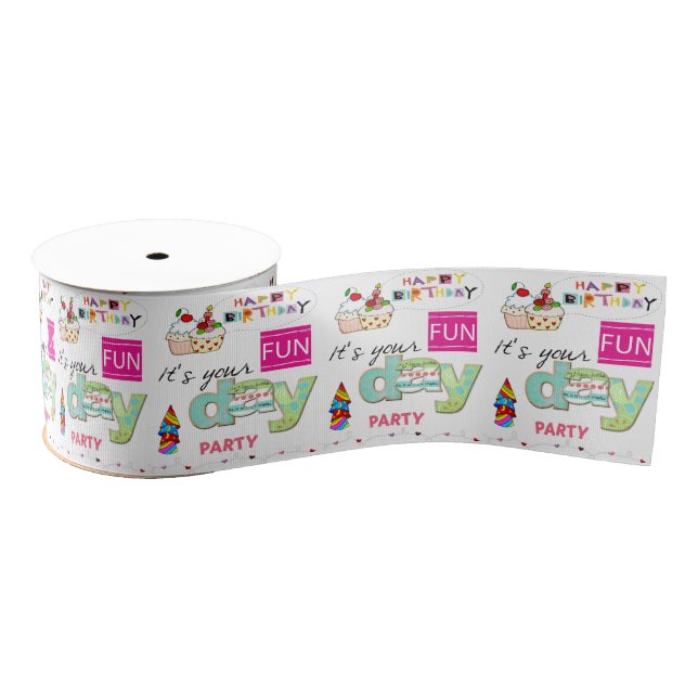 Happy Birthday Ribbon, FUN Cupcake Grosgrain Ribbon (Spool)