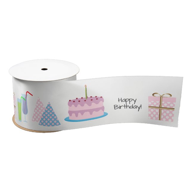 Happy Birthday Ribbon - in pink and blue, 3'' Satin Ribbon (Spool)