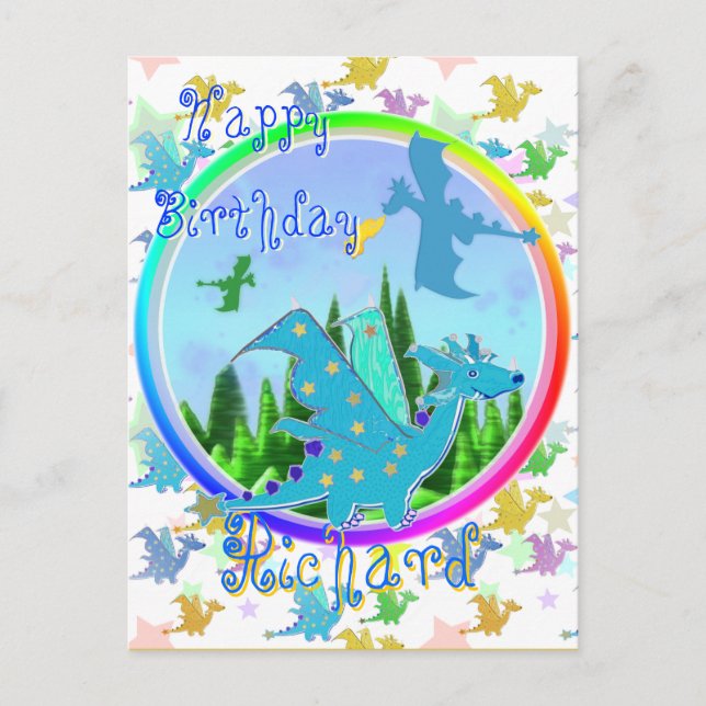 Happy Birthday Richard Cartoon Dragons Postcard (Front)