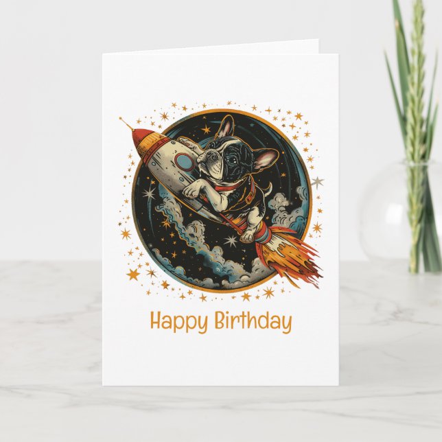 Happy Birthday Rocket Ship French Bulldog Card (Front)