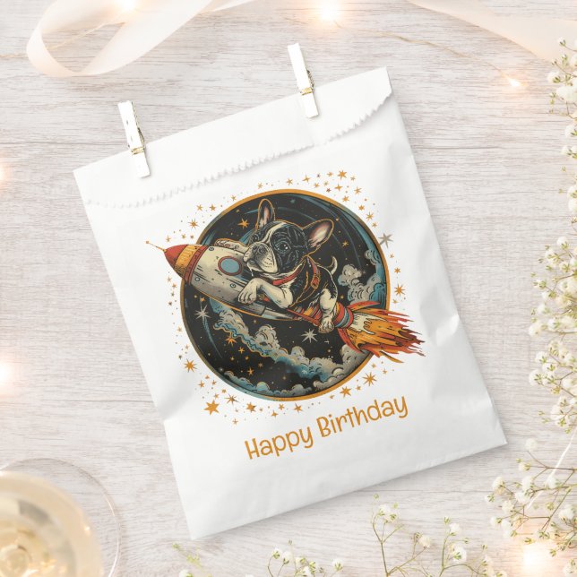 Happy Birthday Rocket Ship French Bulldog Favour Bags (Clipped)