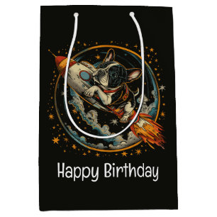 Happy Birthday Rocket Ship French Bulldog Medium Gift Bag